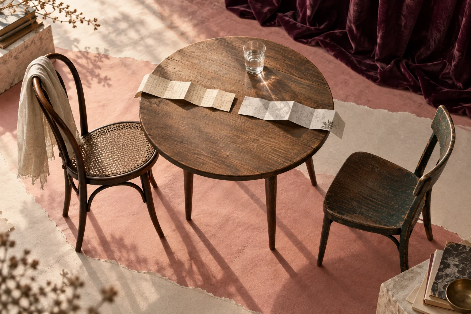 Two different chairs face a table where folded letters almost meet and their shadows touch.