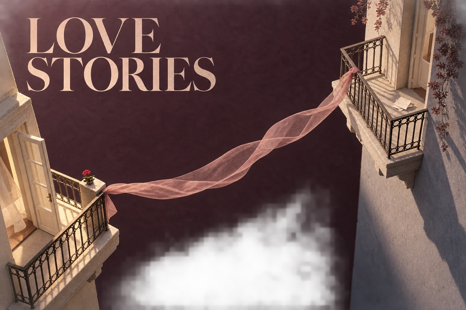 A floating pink ribbon links two empty balconies above a cloud, beside LOVE STORIES lettering on a plum background.