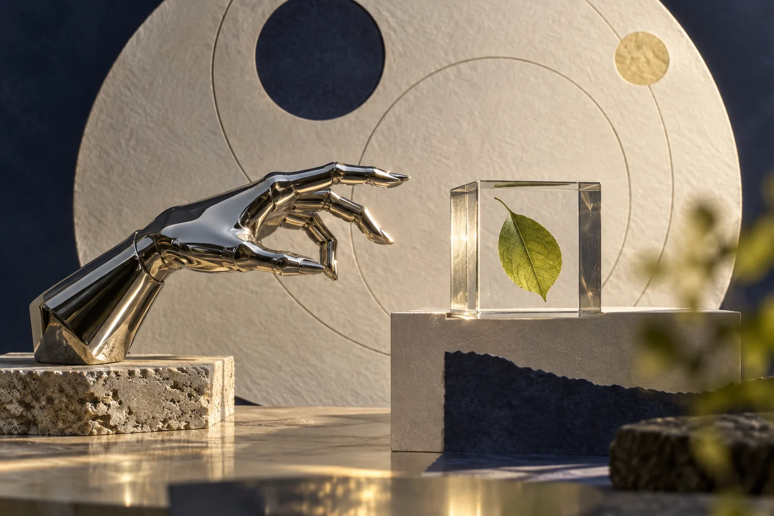 A polished mechanical form reaches towards a green leaf held inside a glass cube.