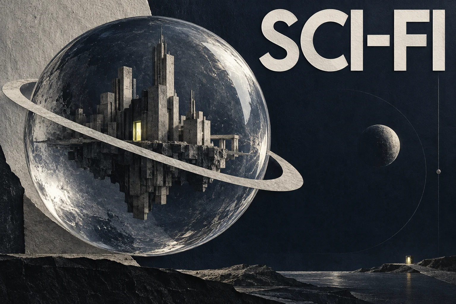 A ringed sphere containing a towering city floats above a rocky landscape beneath SCI-FI lettering.