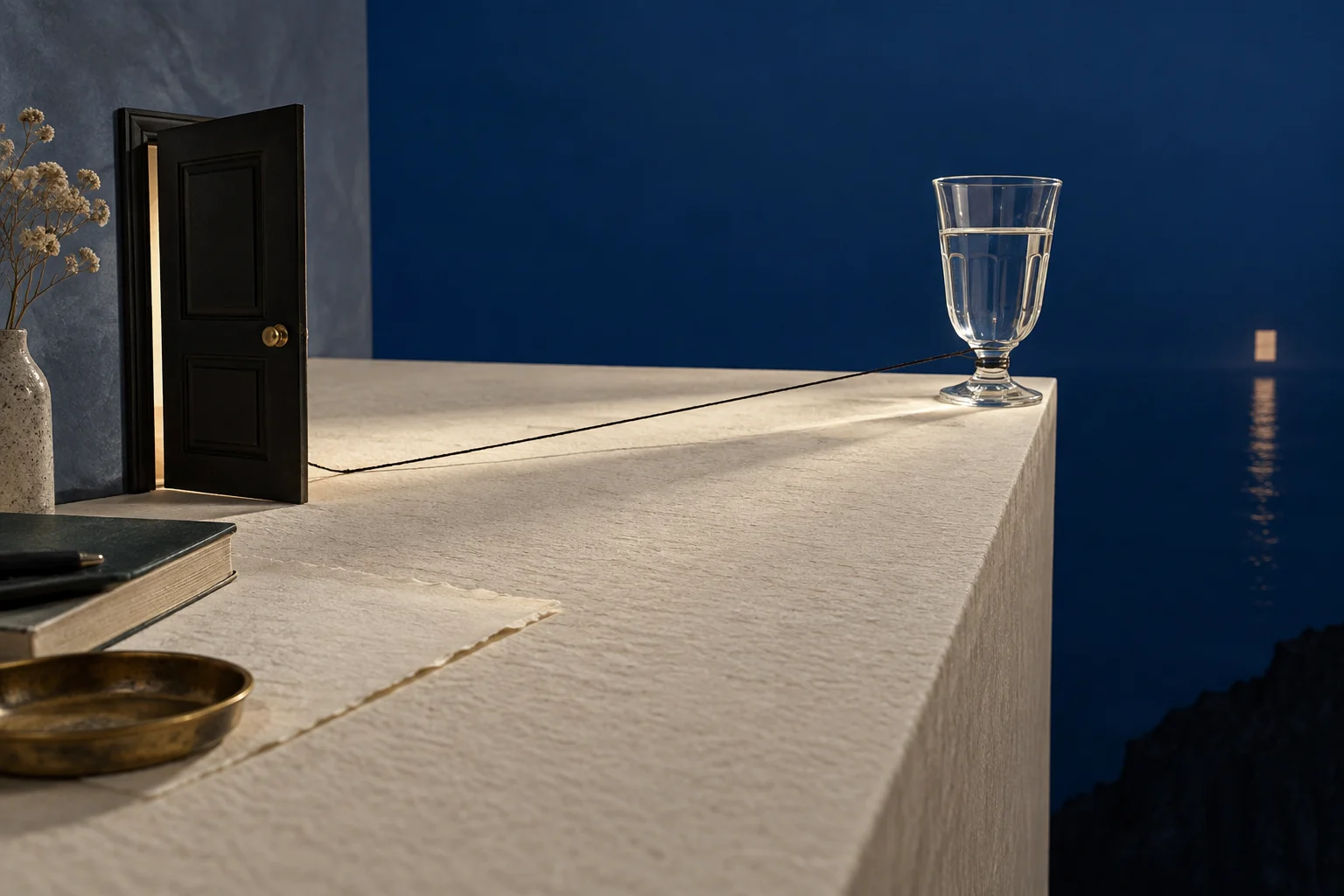 A thread connects a partly open door to a water glass standing at the edge of a table.
