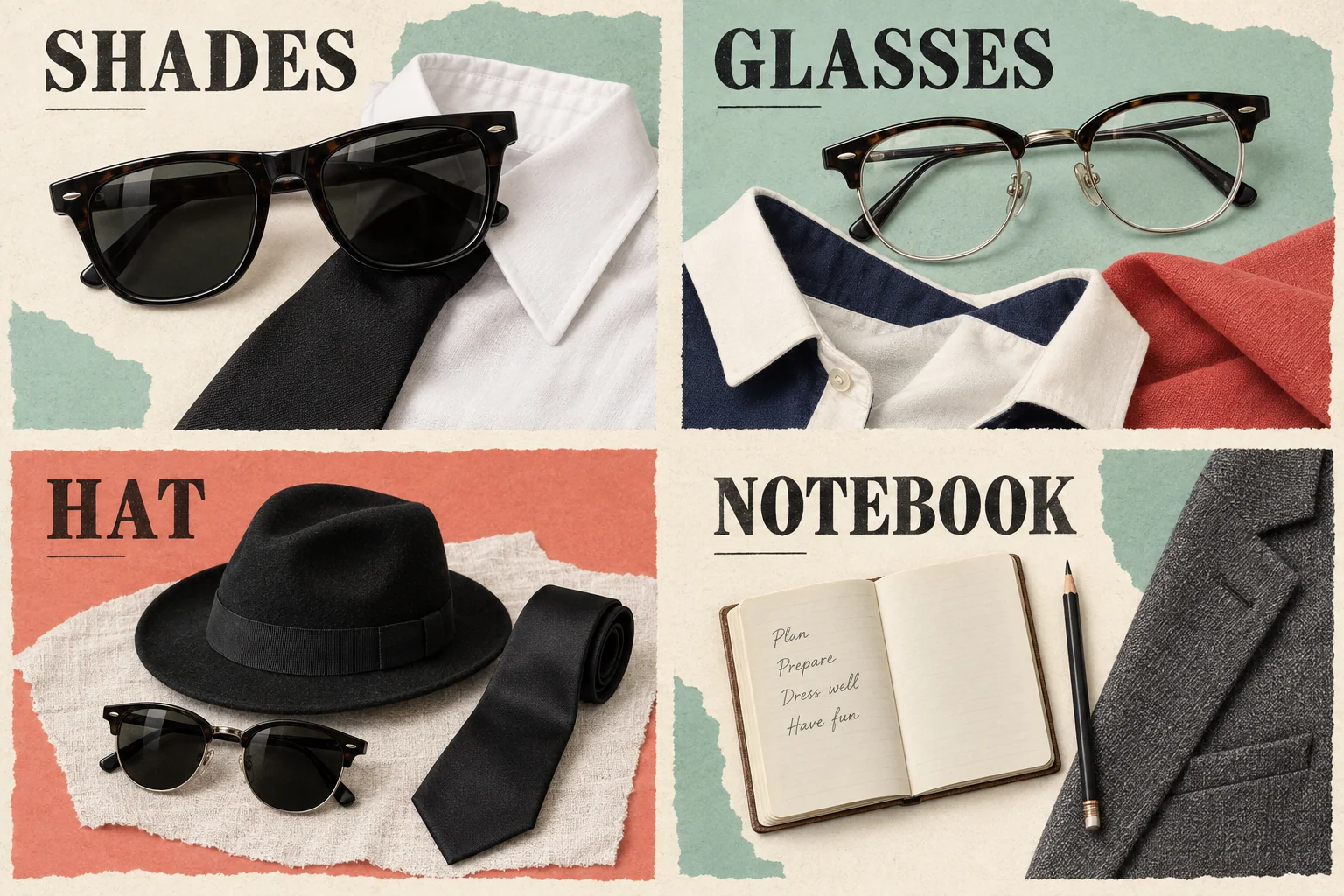 Four clothing collages show dark sunglasses, clear spectacles, a black hat and an open notebook.