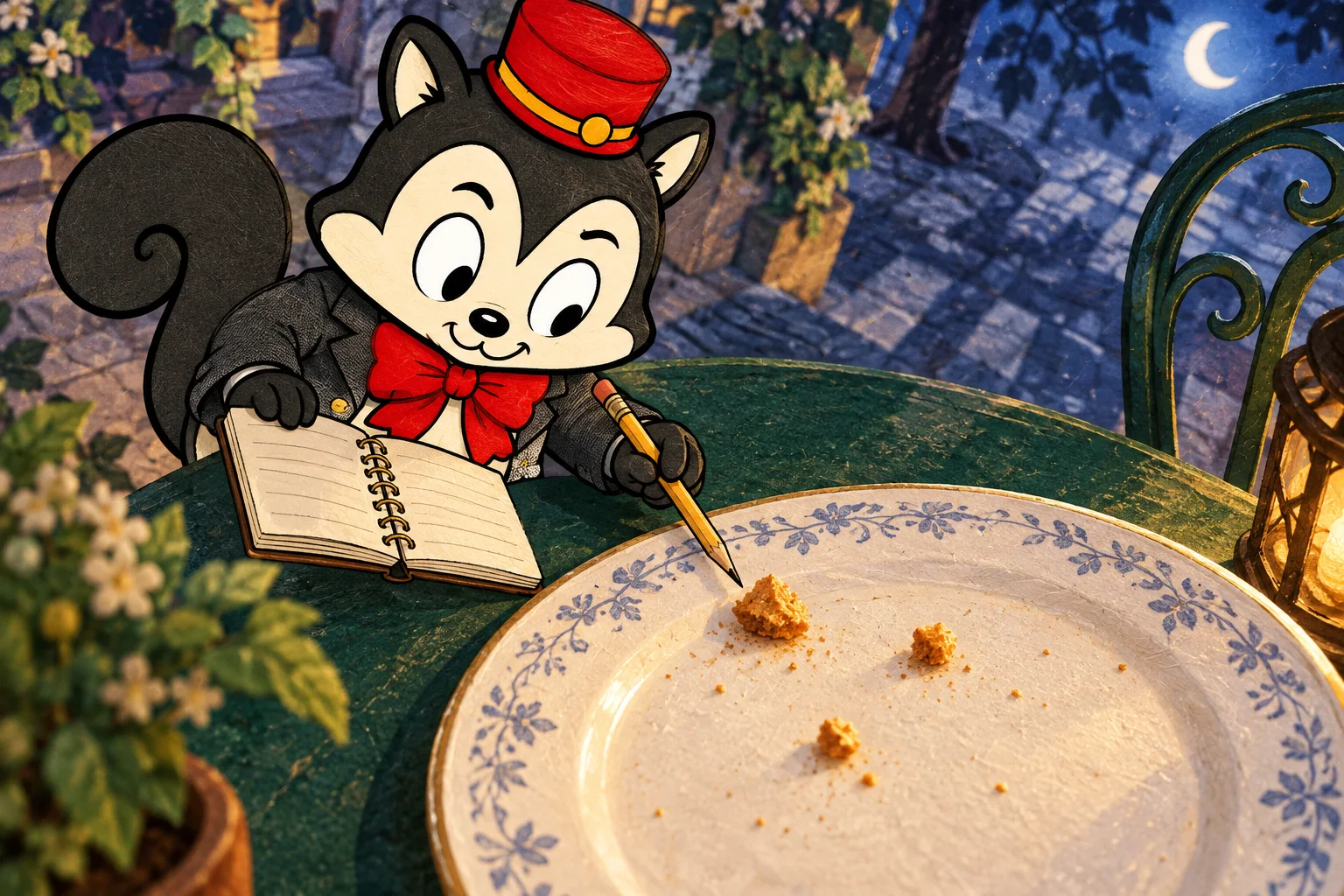 Momo investigates a missing biscuit with a small notebook, following crumbs left beside an empty plate.