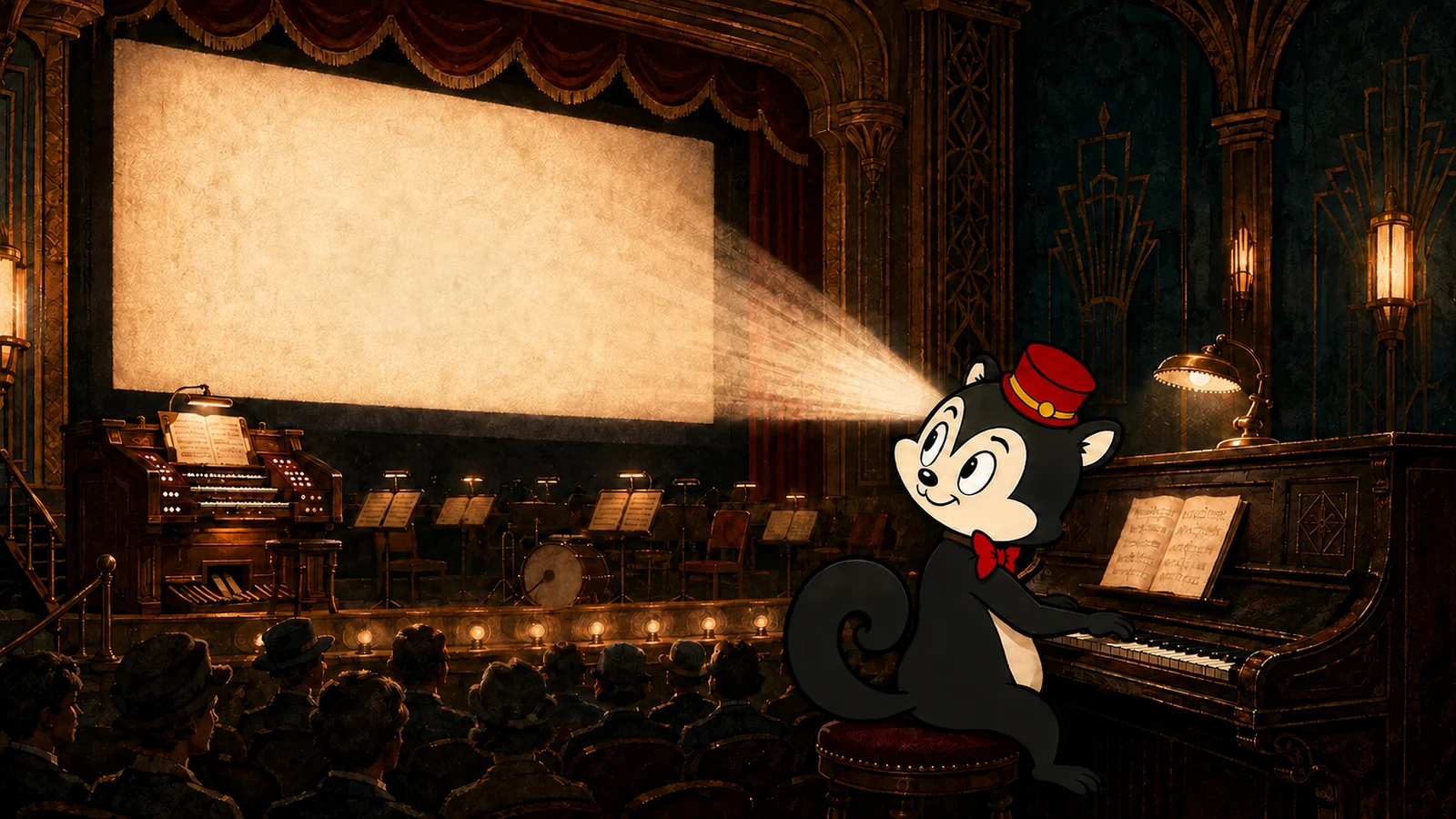 Momo plays piano beside a small orchestra as a silent-film image glows in an ornate picture palace