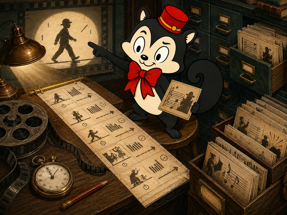 Momo sorts a cue sheet beside shelves of photoplay music while a pianist prepares beneath a silent cinema screen