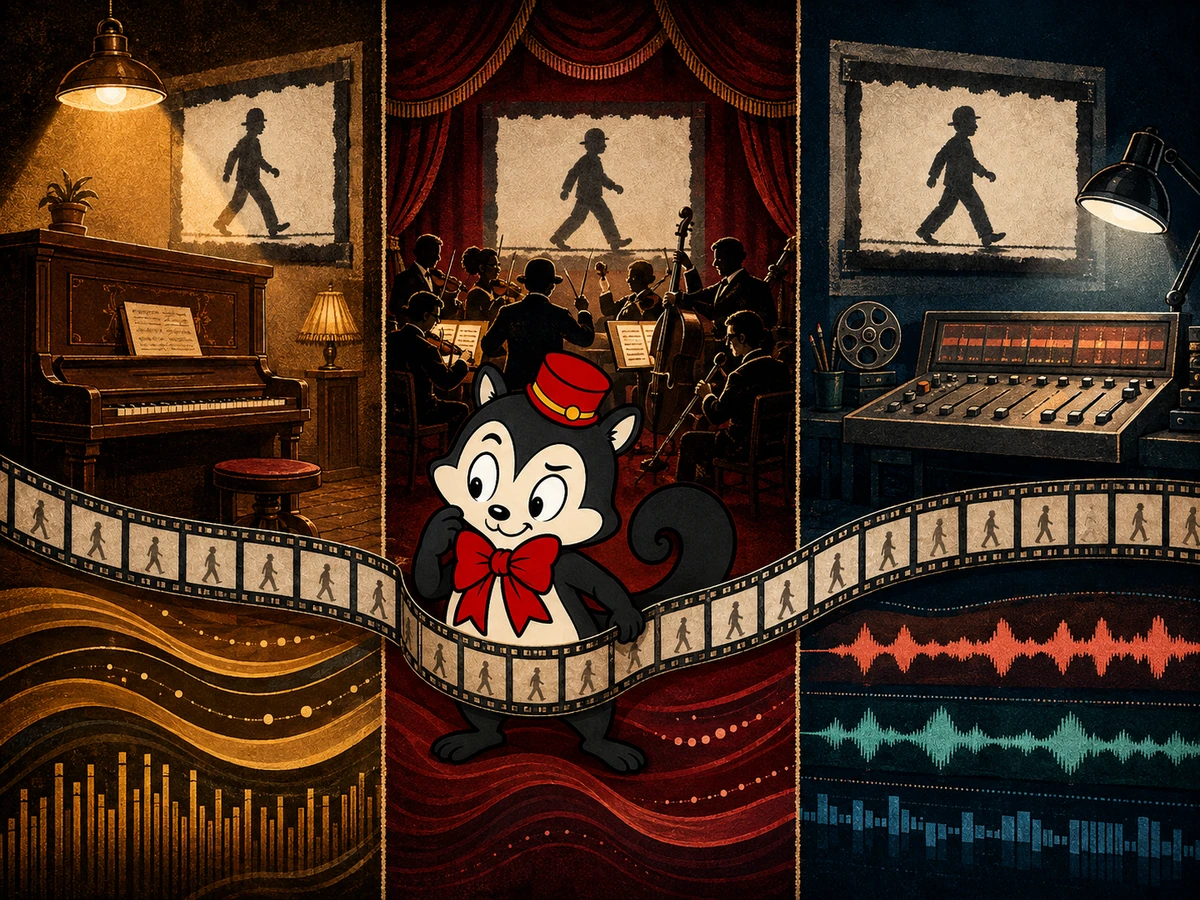 Momo compares three soundtrack records aligned beneath the same silent film strip in an archive listening room