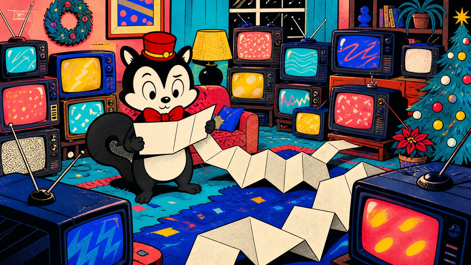 Momo unfolds a long blank television guide in a Christmas room crowded with colourful glowing television sets