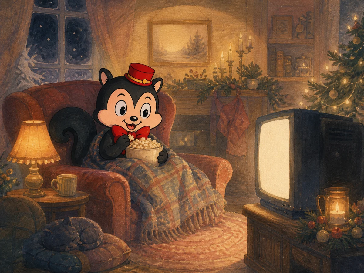 Momo watches a blank television with popcorn beneath a quilt in a warm Christmas living room
