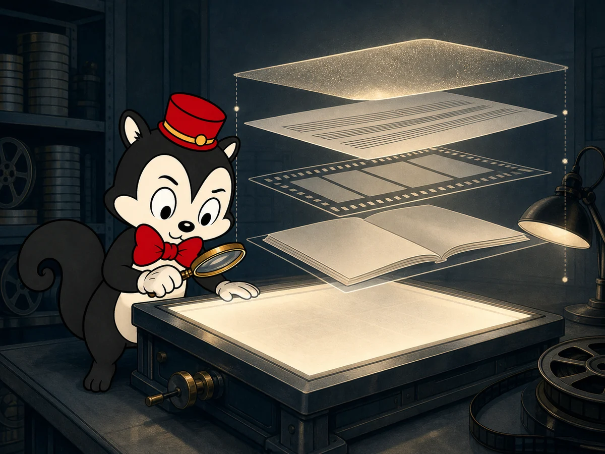 Momo examines floating layers of a blank story booklet, film strip, score sheet and restoration light above an archive table