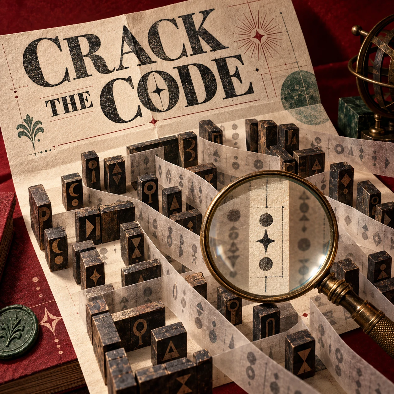 Crack the Code: letterpress blocks and translucent cipher strips form a paper labyrinth beneath a brass magnifying glass.