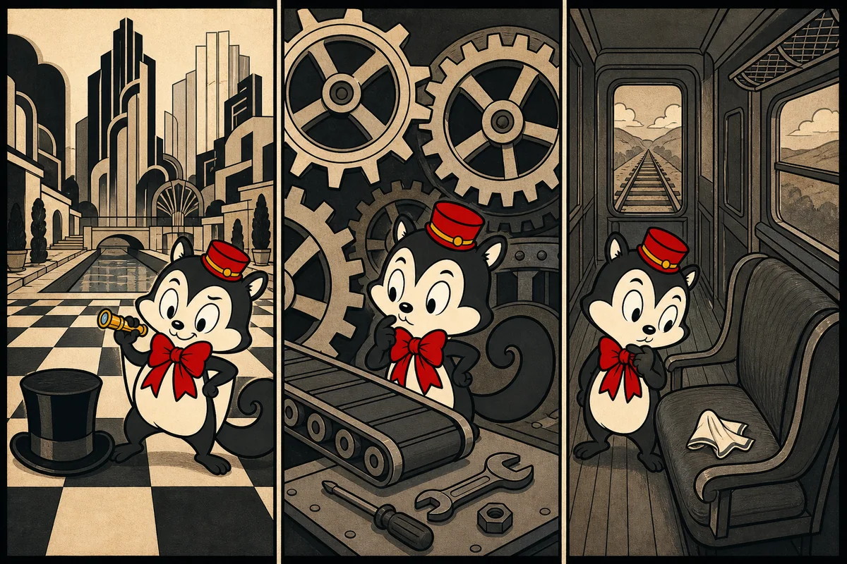 Three Momo illustrations with a top hat and Art Deco city, factory gears and tools, and an empty seat in a train corridor