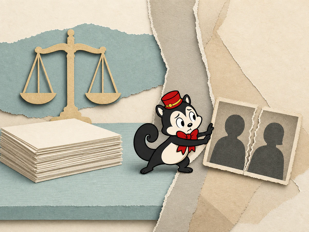 Momo separates two torn portrait silhouettes beside a stack of case papers and a set of scales