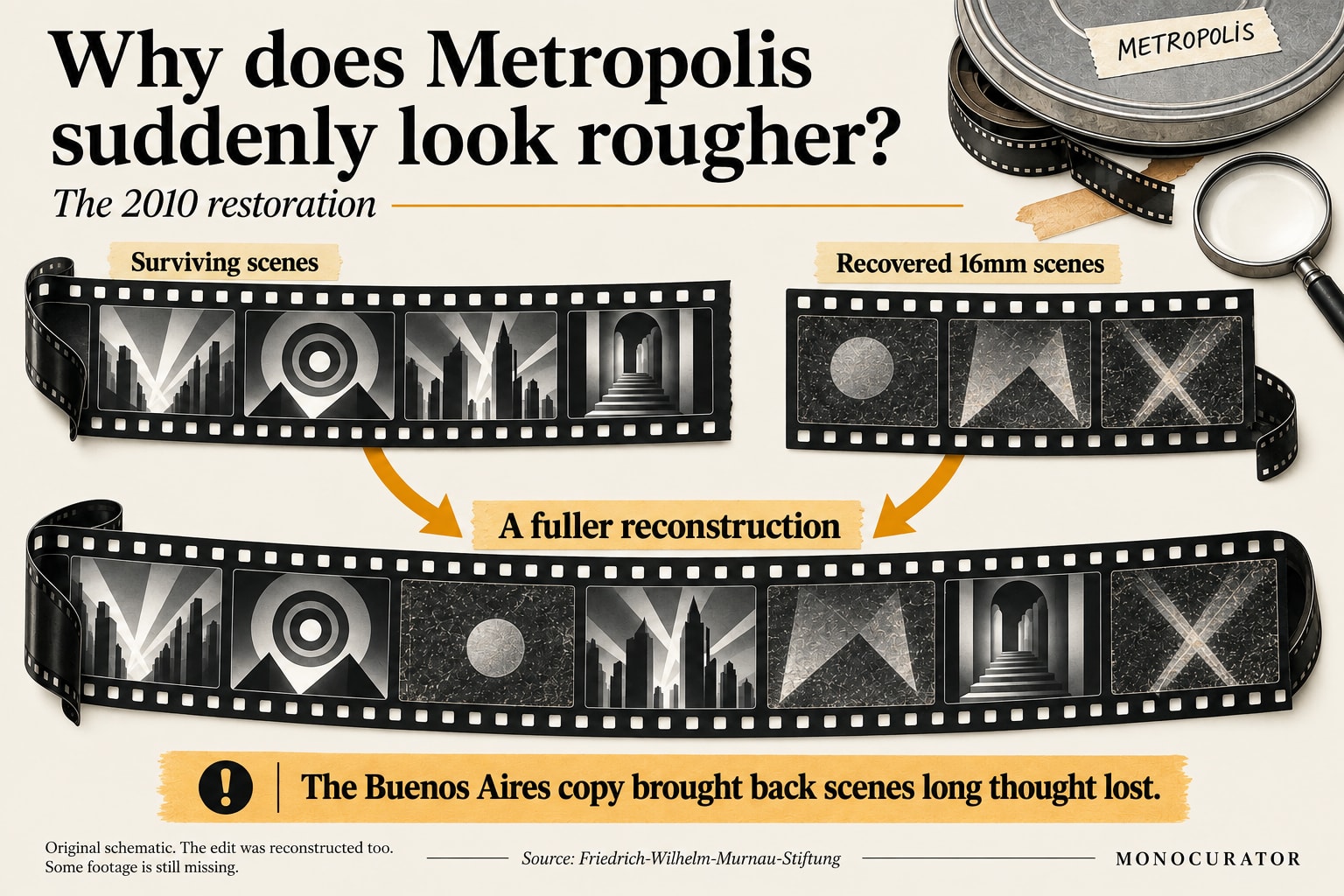 Original schematic of the 2010 Metropolis restoration. Clearer surviving material and rougher scenes recovered through the Buenos Aires 16mm copy contribute to a fuller reconstruction. Geometric pictures stand for source material, not actual film shots, shot order or physical splicing. Some footage is still missing.