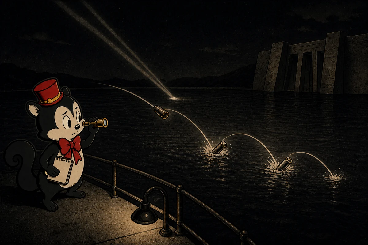 Momo observes a spinning cylinder skipping across a reservoir towards a dam as two height-setting light beams meet on the water