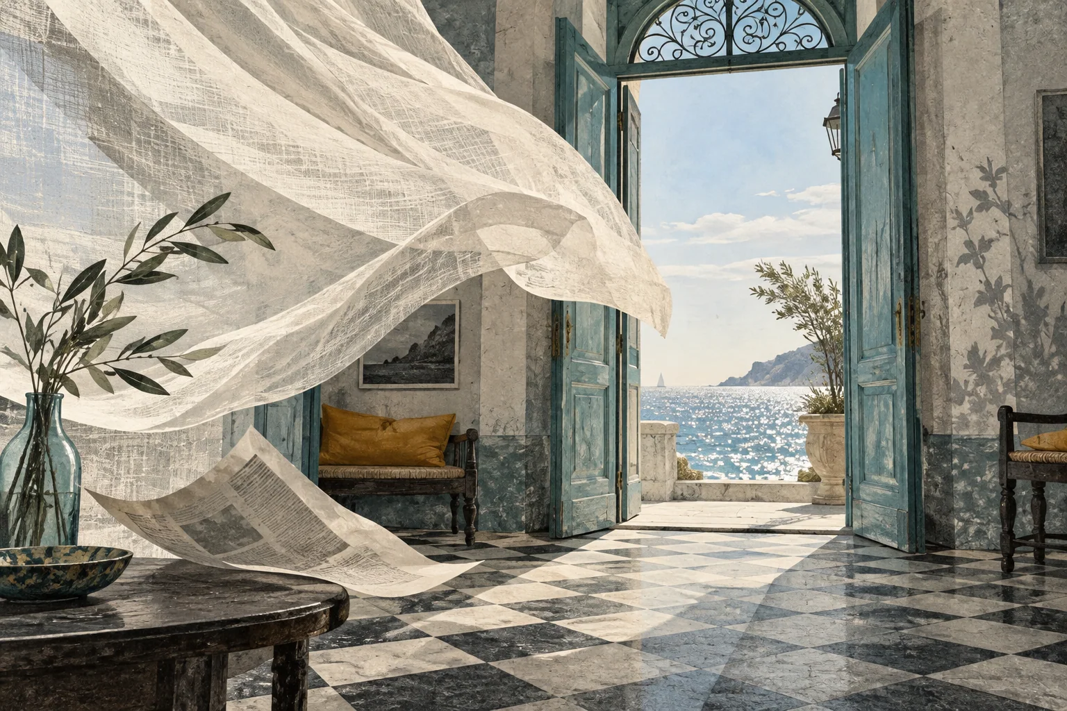 A linen curtain and newspaper lift in the breeze through an open doorway facing the sea.