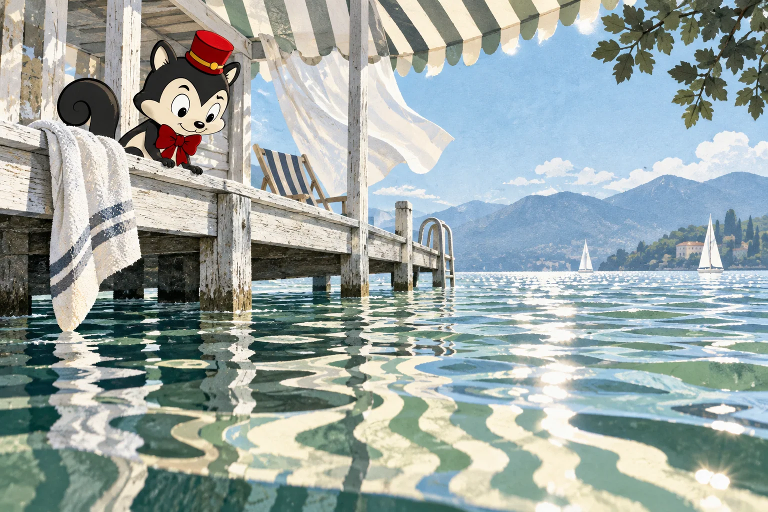 Momo looks out from a lakeside pavilion at sunlight reflected on the water.