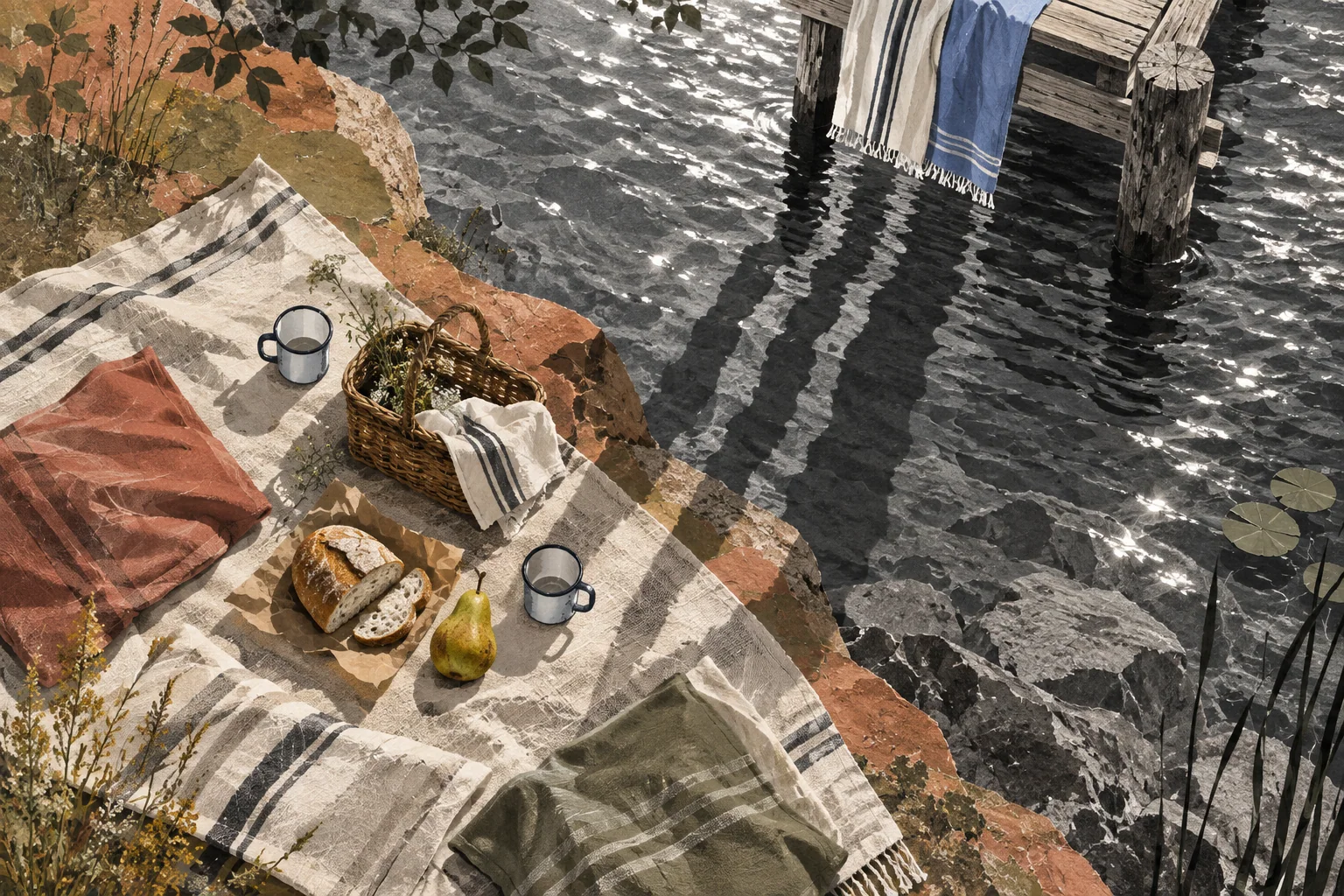 A picnic blanket, bread and two cups beside monochrome rippling water and towels hanging from a jetty.