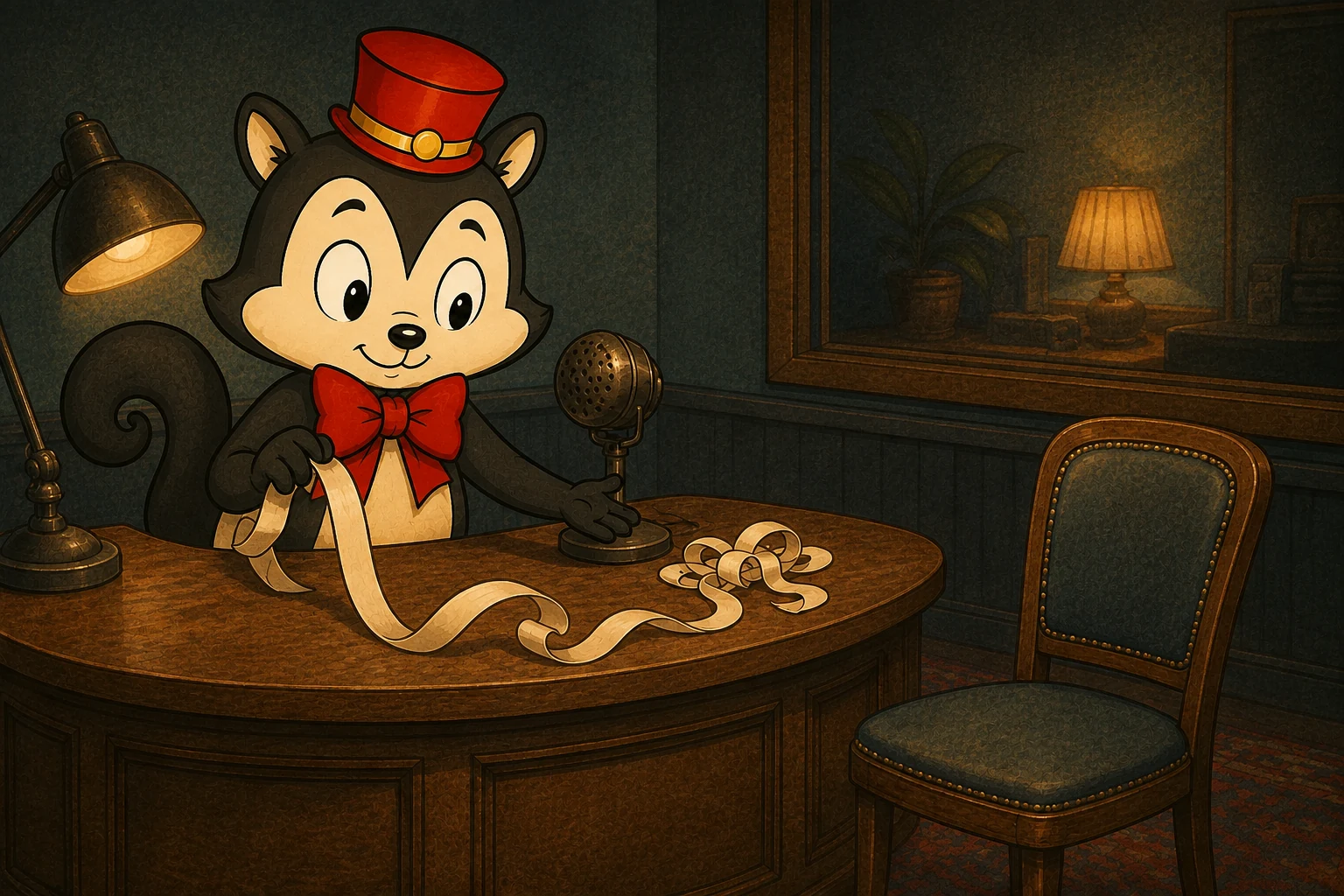 Momo holds a curling paper ribbon beside a microphone, with a tangle on the desk and an empty chair opposite. An imagined scene.