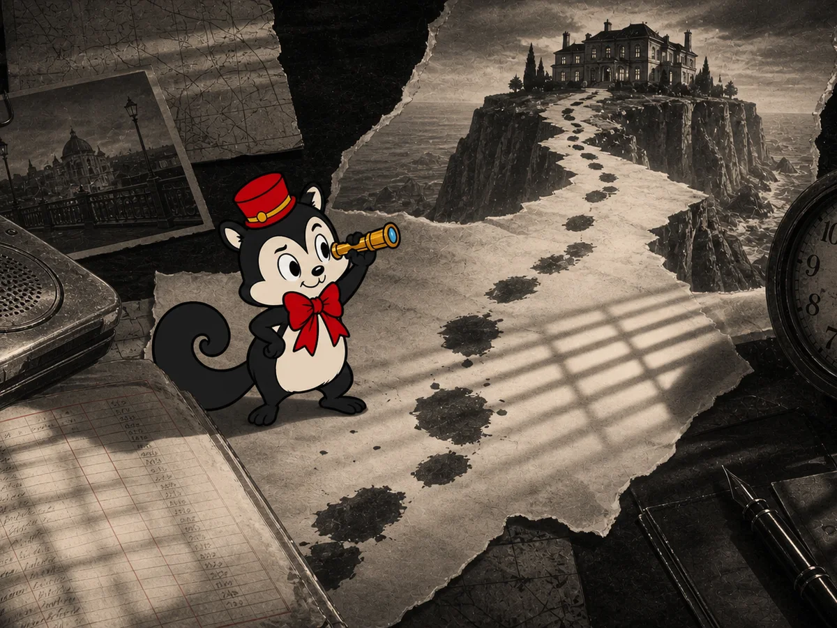 Momo follows footprints from a dictaphone and ledger towards a distant house and a waiting clock