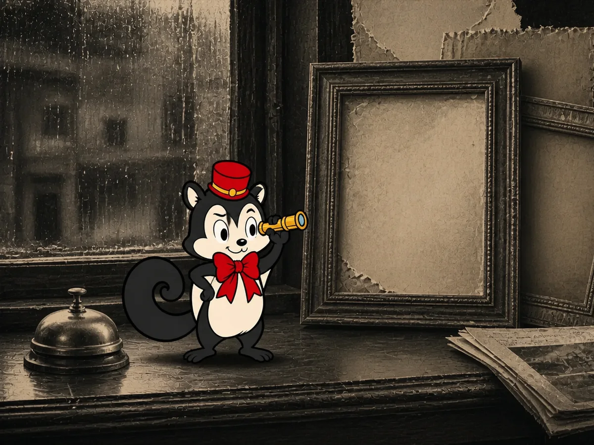 Momo looks from one empty portrait frame to another beside a motel bell, keys and rain-streaked window