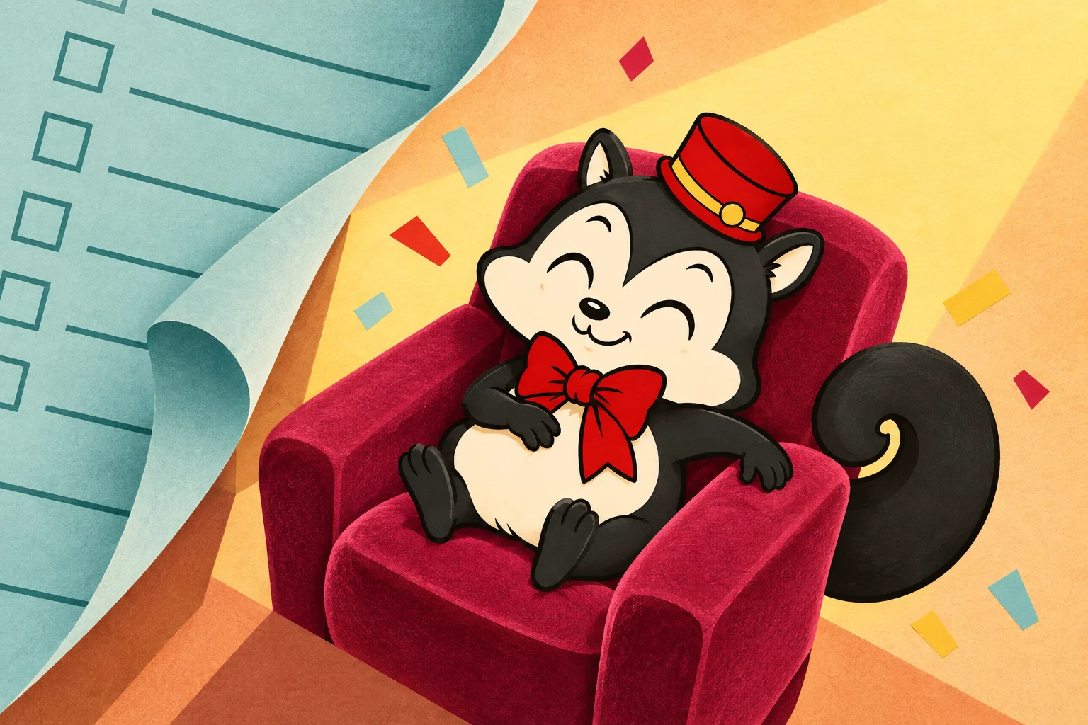 Momo laughs in a raspberry cinema chair as a giant checklist curls away into warm projection light.