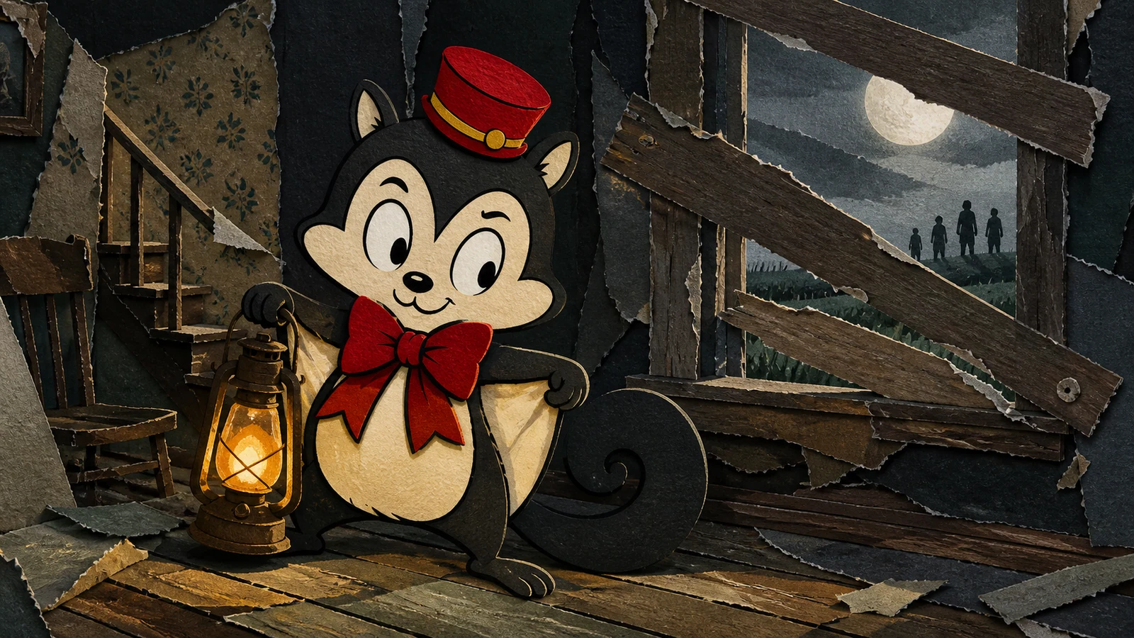 Momo holds a lantern inside a miniature farmhouse, beside a boarded window and approaching silhouettes.