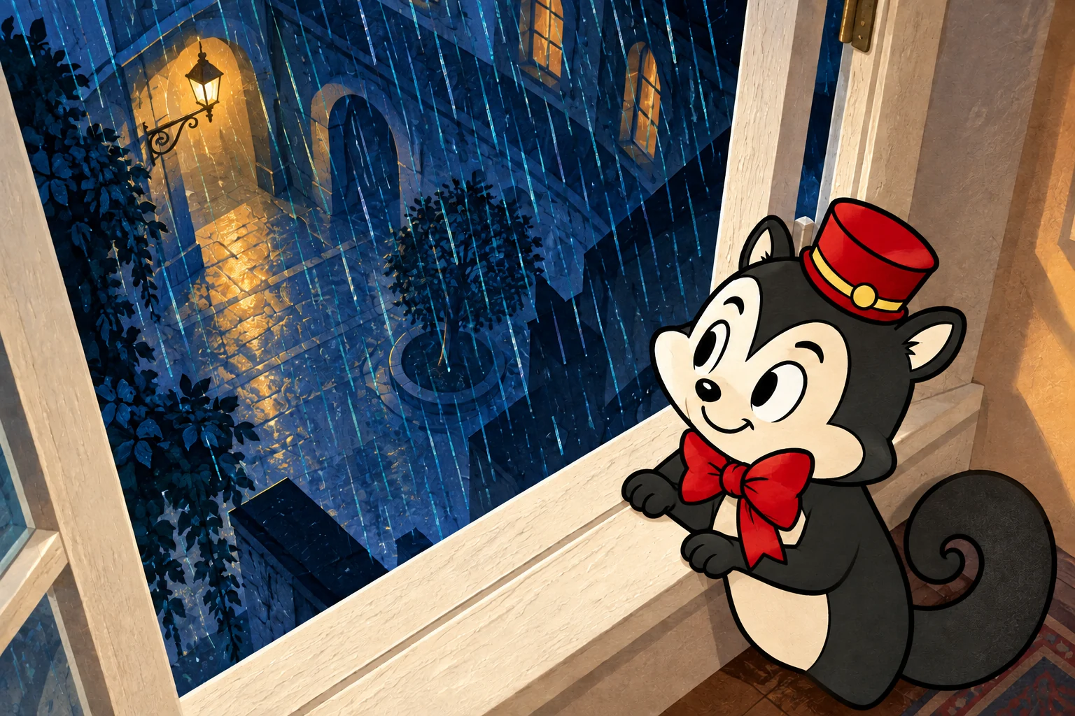 Momo rests both paws on an indoor windowsill and watches gold-lit rain falling across a blue courtyard.