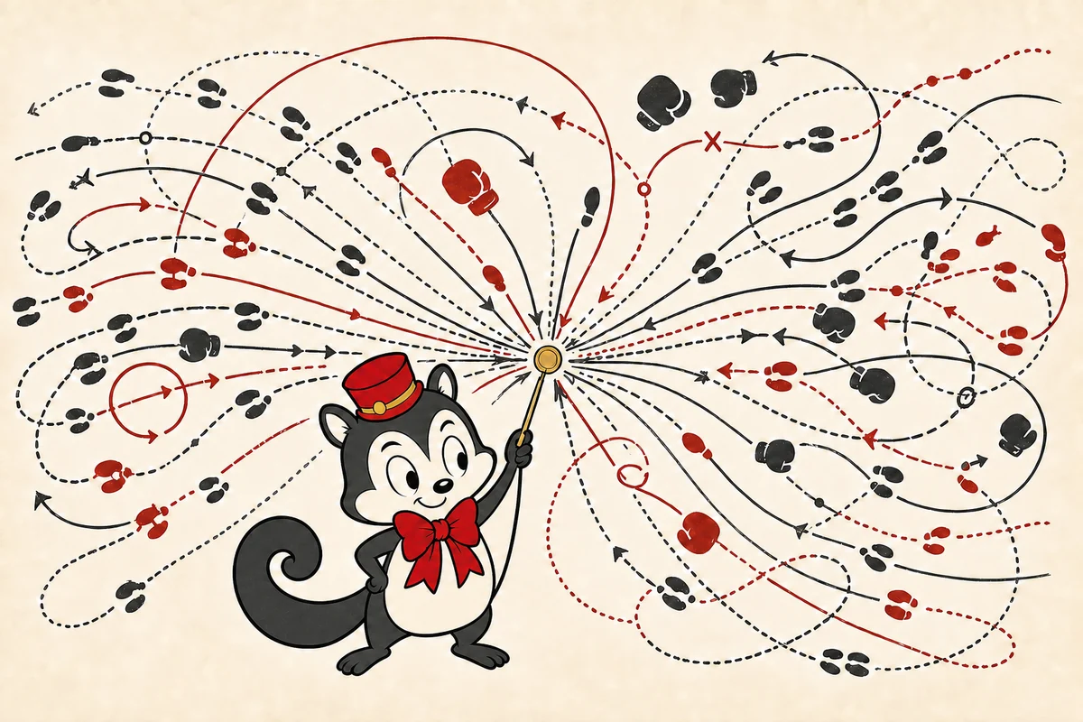 Momo traces many boxing paths and glove movements as they converge on one brass point