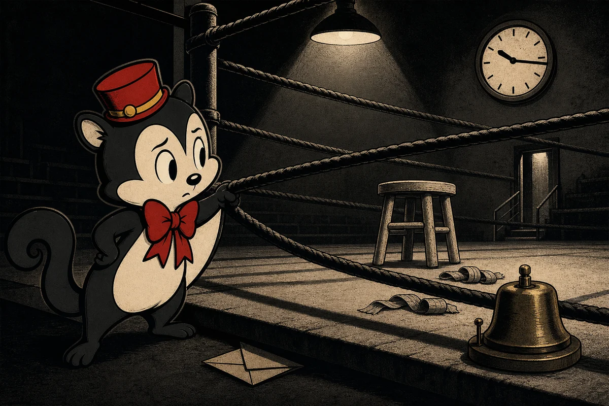 Momo looks into an empty boxing ring with a stool, hand wraps, a brass bell, and a late-night clock