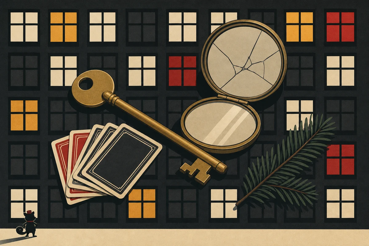 An apartment key, cracked compact mirror, playing cards, and a winter sprig arranged beneath a strict grid of office windows