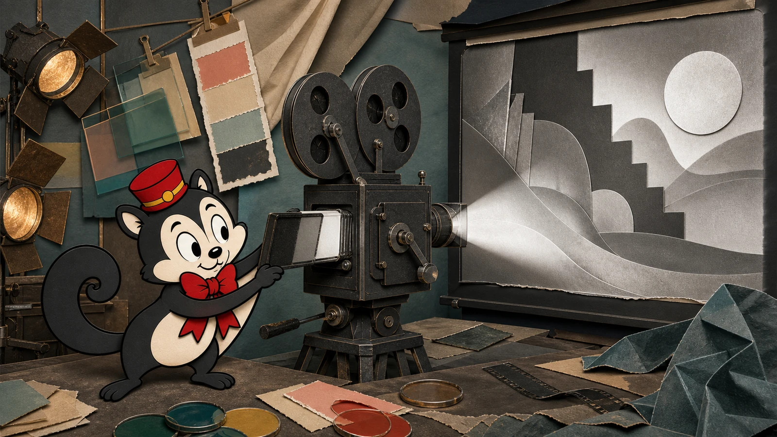 Momo slides a black-and-white filter into a projector beam in a layered 1950s screen-test studio