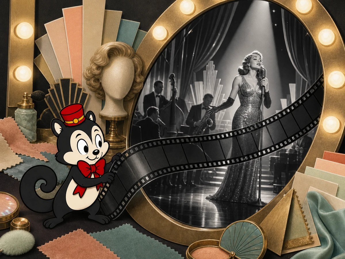 Momo draws a strip of black-and-white film across a luminous dressing-room mirror surrounded by muted colour swatches