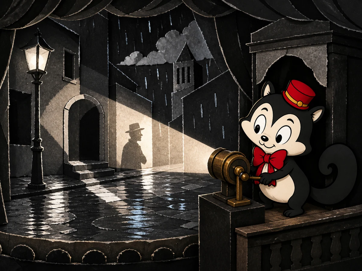 Momo operates a paper spotlight that reveals a doorway, wet street and theatrical shadows on a tiny monochrome stage