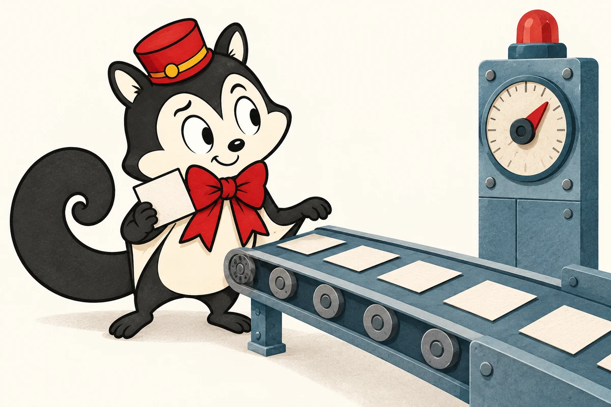 Momo holds a blank paper card beside a conveyor and looks towards a large unlabelled dial