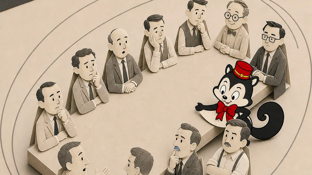 Momo addresses a group of paper-cut jurors gathered around a long table.