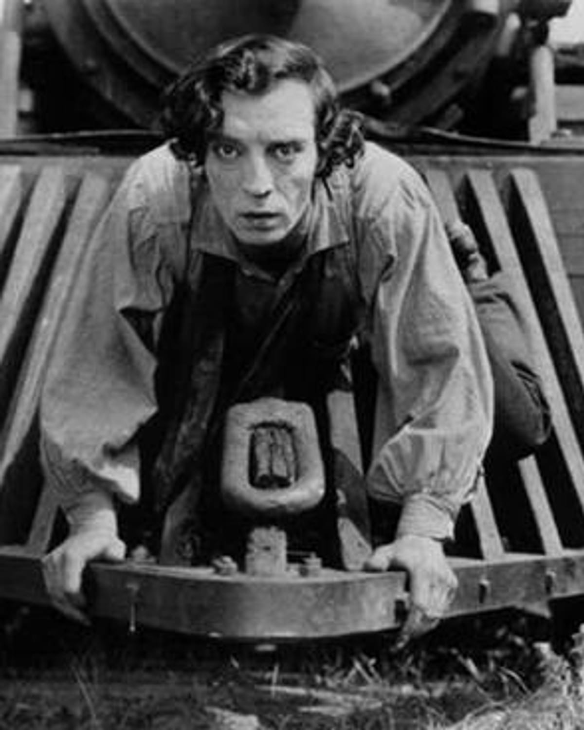 Buster Keaton at the front of the locomotive in The General