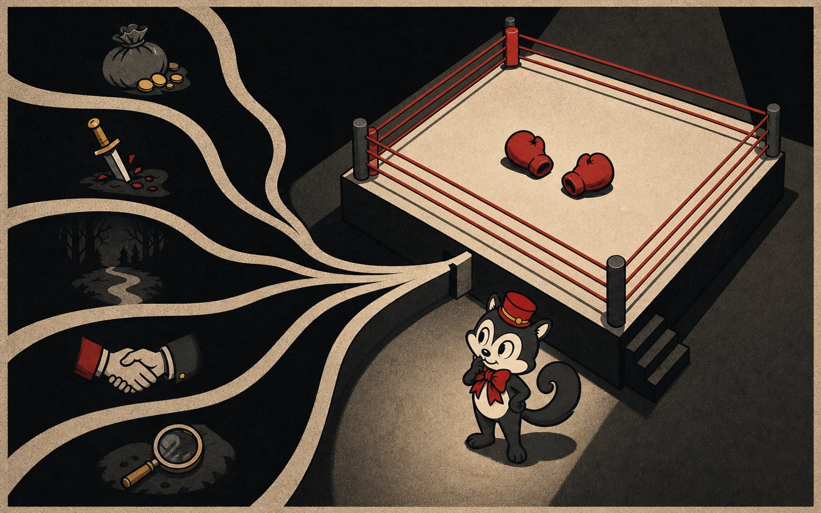 Momo stands at branching paths beside a boxing ring with two red gloves.