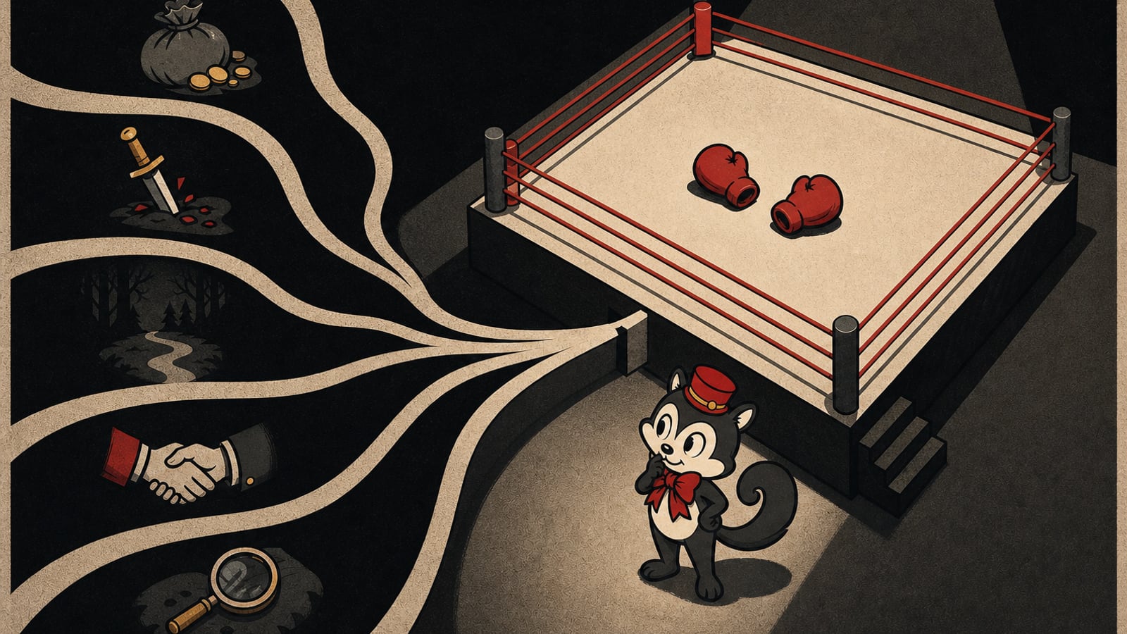 Momo stands at branching paths beside a boxing ring with two red gloves.