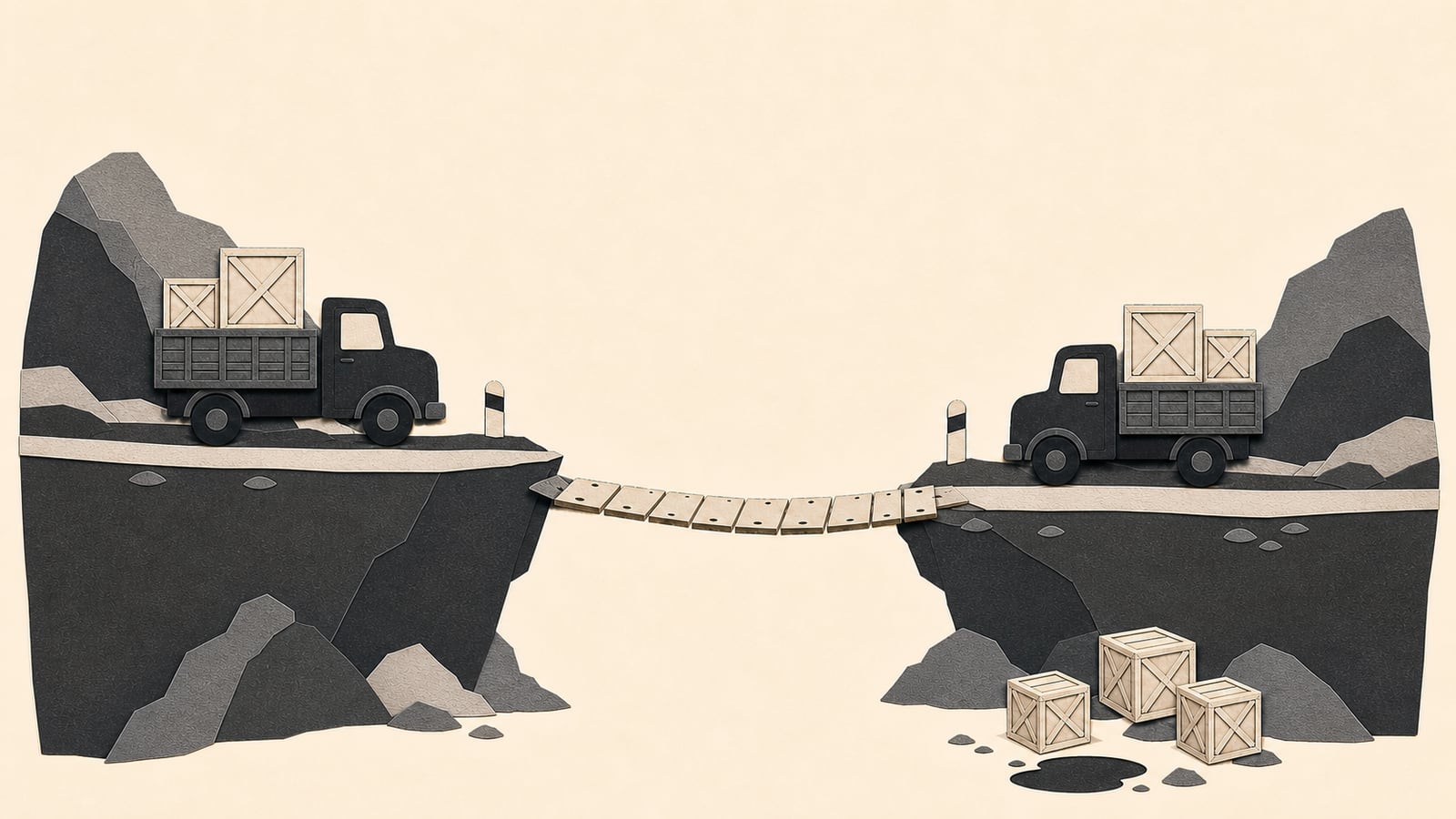 Two loaded trucks face each other across a narrow plank bridge between rocky cliffs.