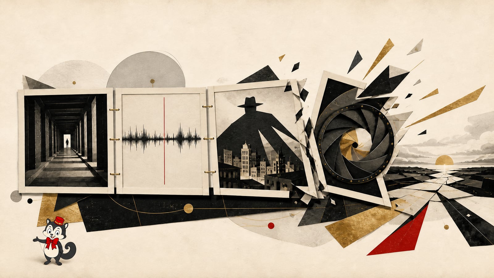 Momo presents four paper frames tilting and fracturing through perspective, sound, scale, and a camera aperture.