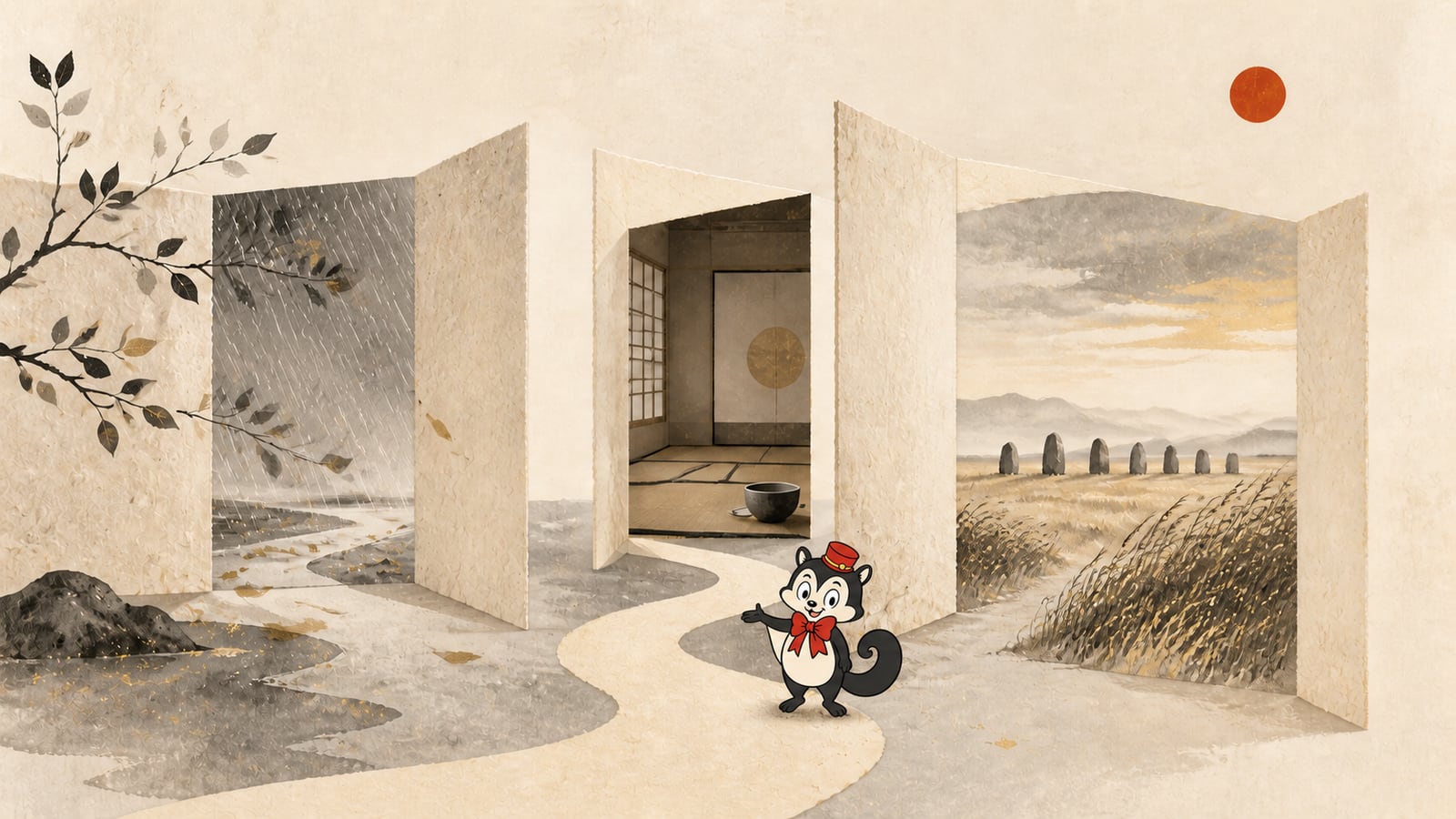 Momo stands beside a winding paper path passing through rain, a quiet room, and a windswept horizon.