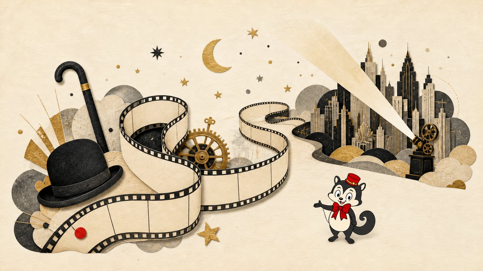 Momo presents a ribbon of film winding from playful silent-comedy objects toward a moonlit geometric city.