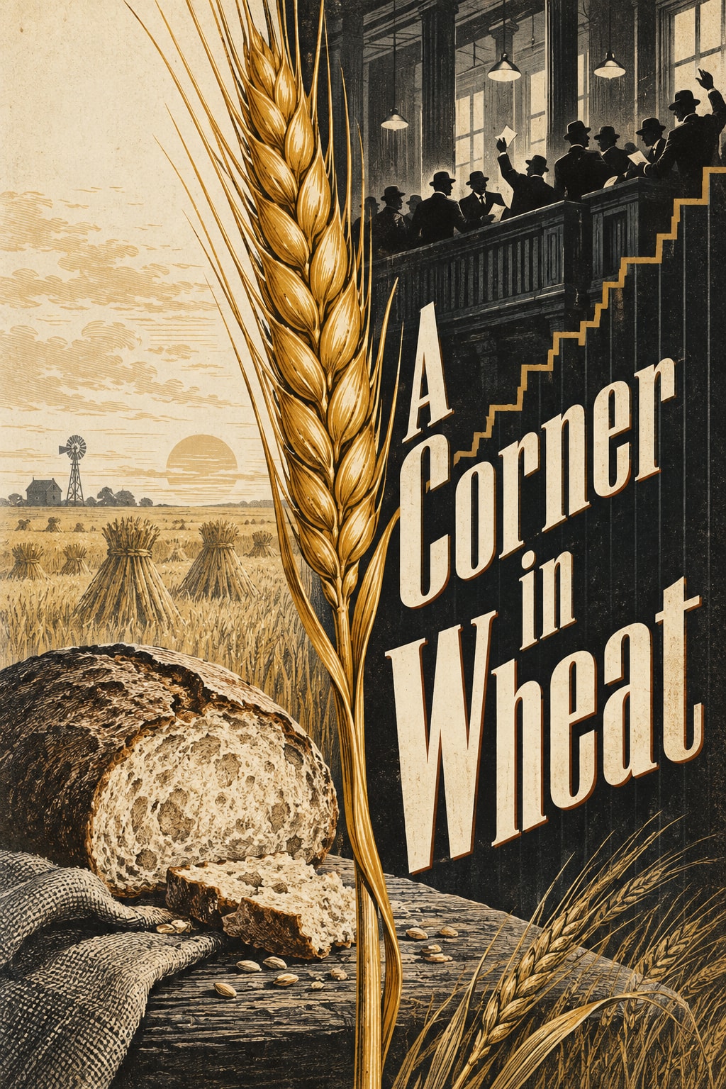 Original illustration for A Corner in Wheat: A towering golden wheat stalk vertically divides a flat engraved bread loaf at lower left and miniature grain exchange windows at upper right.