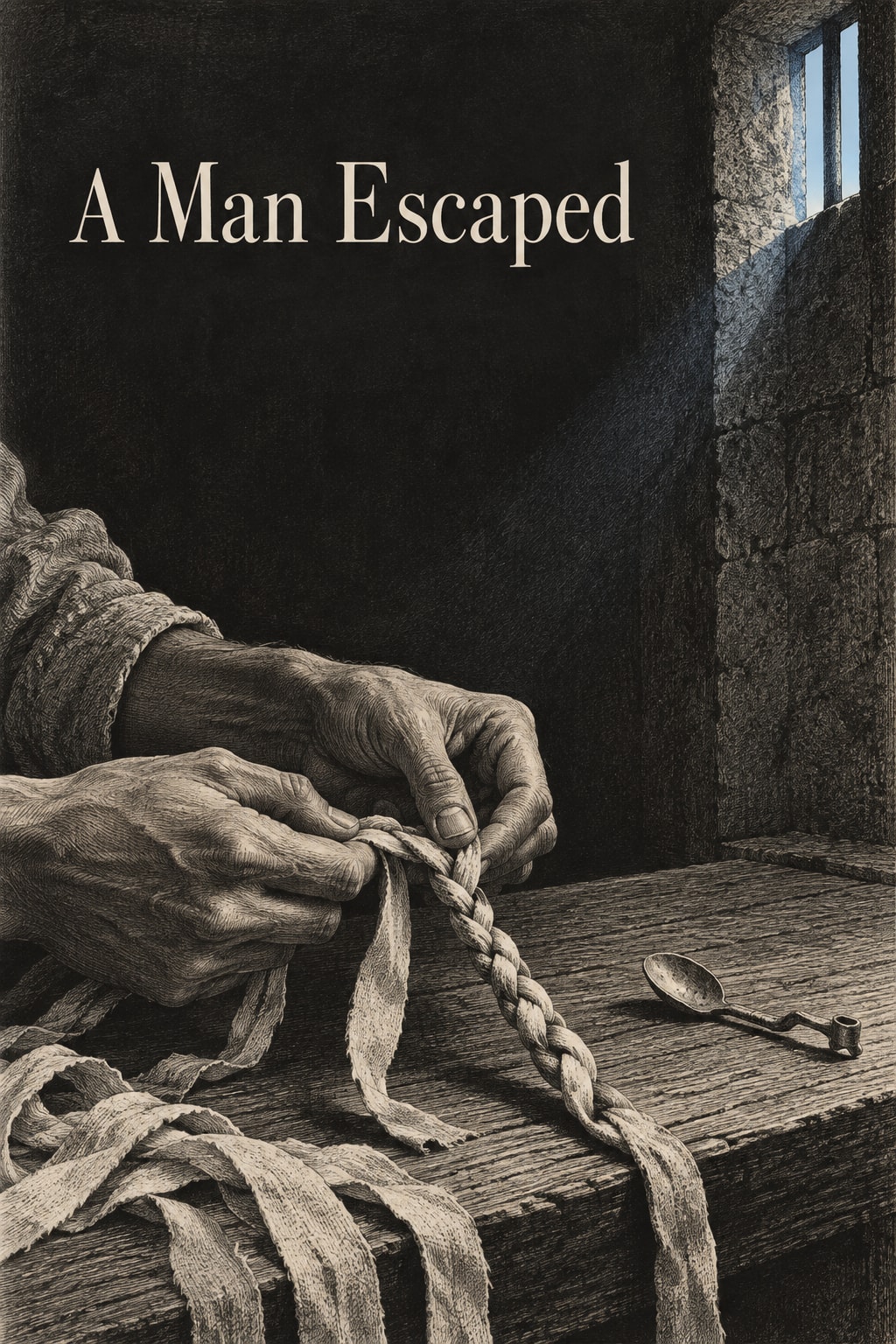 A Man Escaped: Engraved hands braid fabric into rope beneath a small prison window.