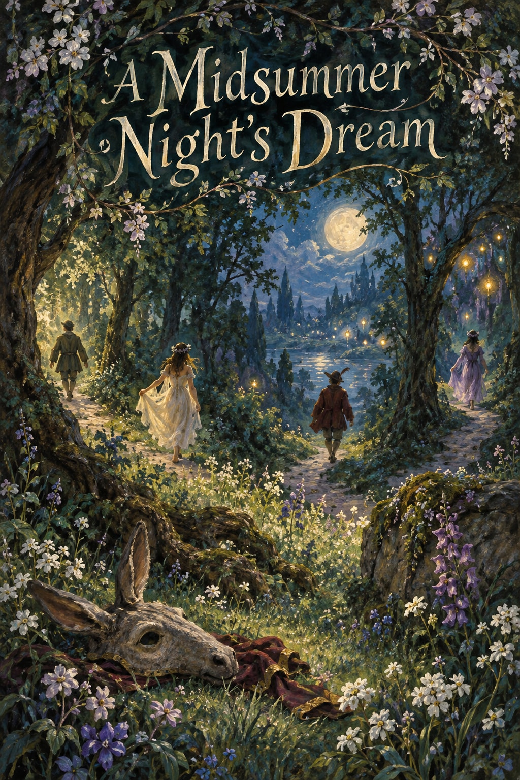 Original illustration: A moonlit flowering woodland with distant anonymous figures, fairy lights and a theatrical donkey-head prop beneath the title.