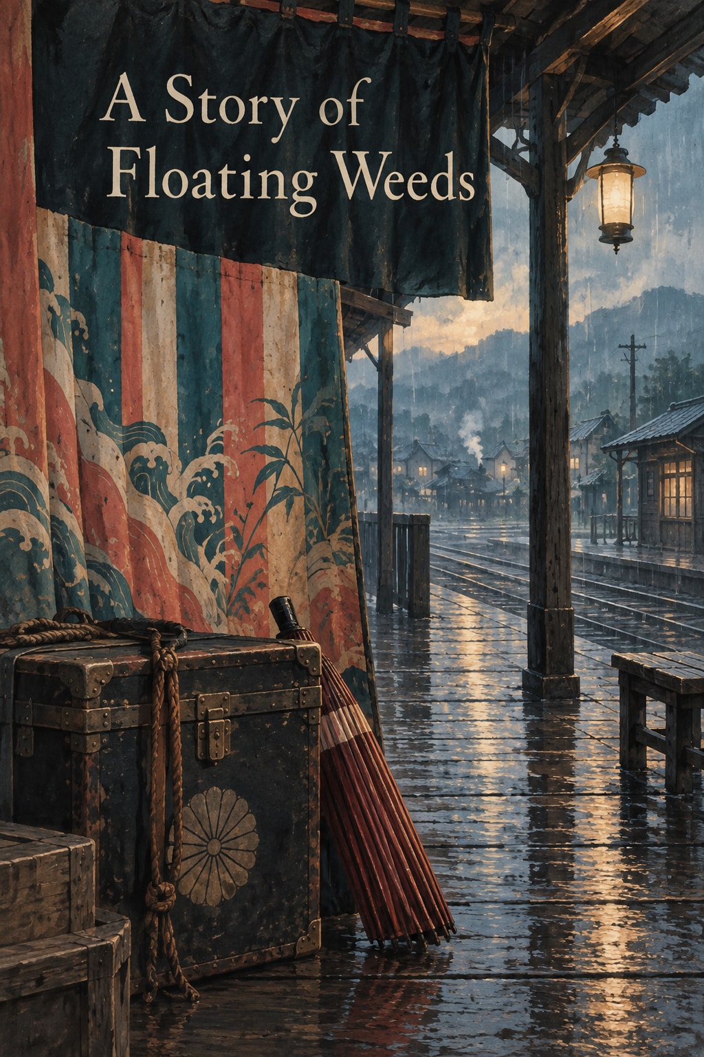 Original illustration: A travelling theatre costume trunk, folded parasol and painted curtain beside a rain-soaked provincial Japanese platform.