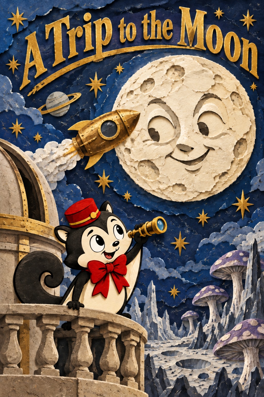 A Trip to the Moon — Momo watches a rocket approach the moon in a layered paper astronomy theatre.