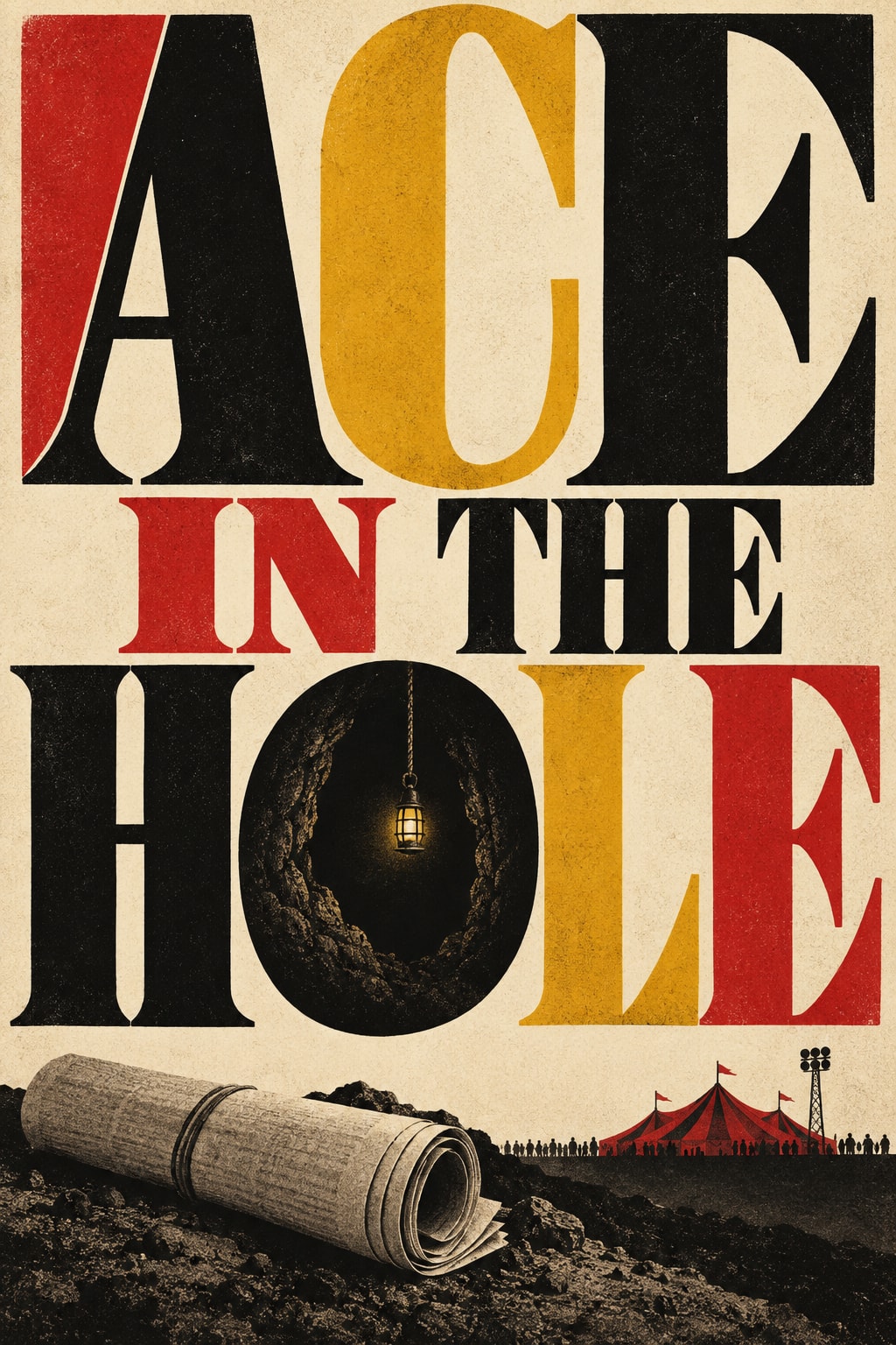 Original illustration: Giant black, red and ochre Ace in the Hole lettering with a mine lamp inside the O, above a newspaper and distant circus tent.