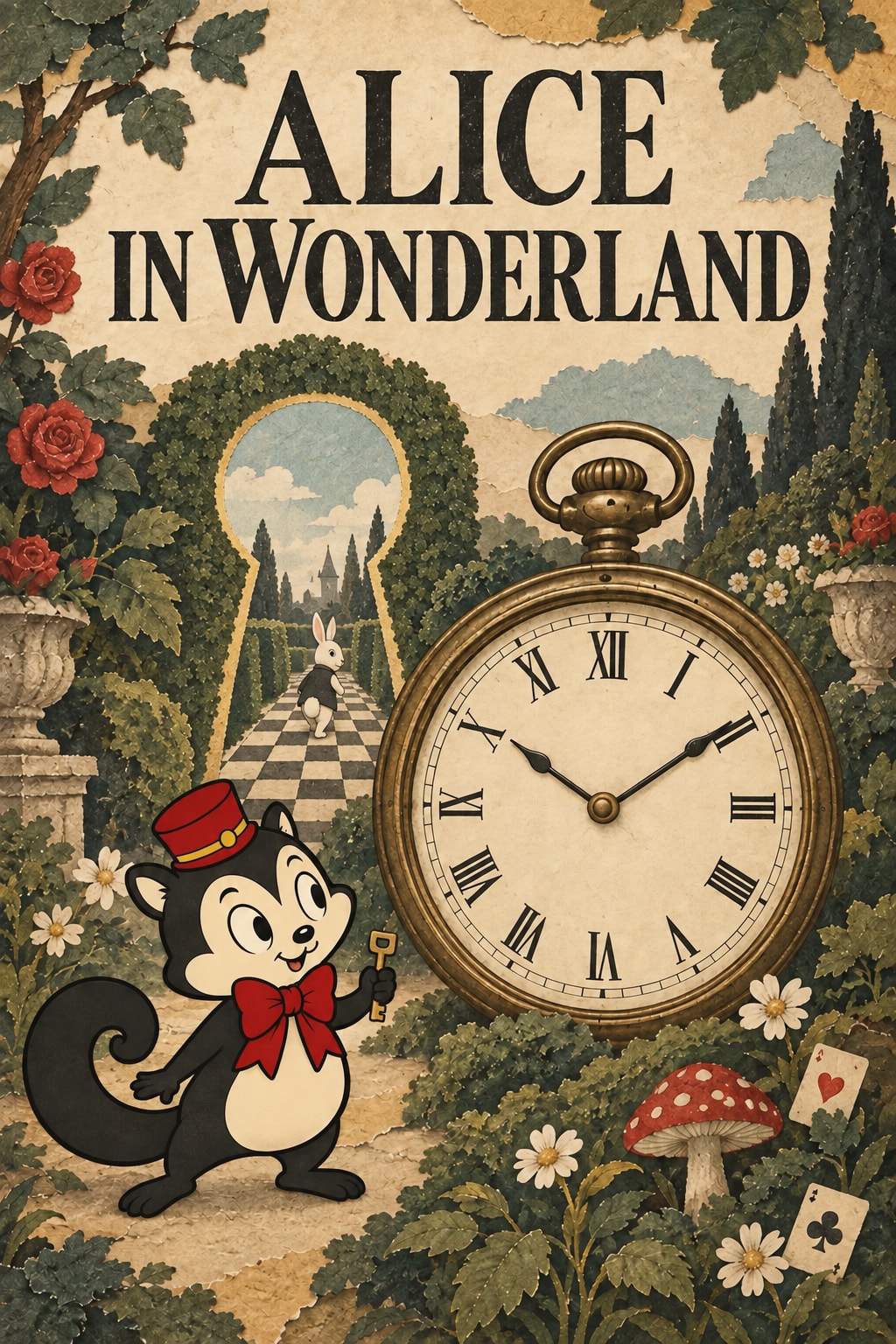 ALICE IN WONDERLAND lettering above a paper-collage garden: a white rabbit looks back through a keyhole-shaped hedge, and Momo holds a small brass key beside a large pocket watch.