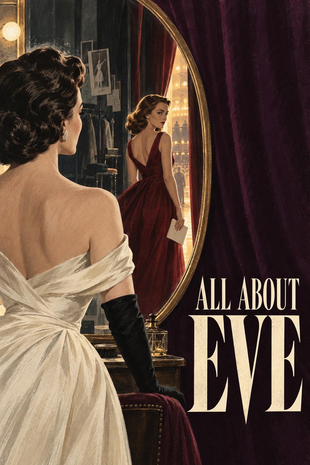 ALL ABOUT EVE lettering beside an original painted backstage composition: two women, an oval mirror and burgundy curtains.